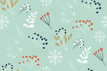 Winter plants, berries, flowers on a blue background. Christmas seamless pattern. New year texture.