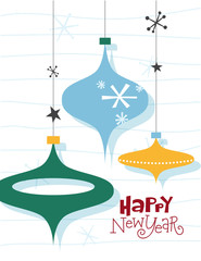 Happy New Year. Christmas card with three balls and snowflakes. Illustrations in mid-century style.