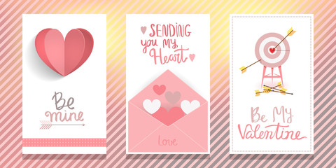 Valentine's Day card set. Vector illustration with hand drawn text. Gift tags: Be Mine, Sending You My Heart, Be My Valentine.