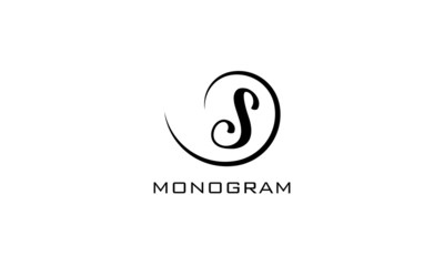 Monogram. Typographic logo with capital letter S. Icon lettering style with decorative swirl in black isolated on light background.