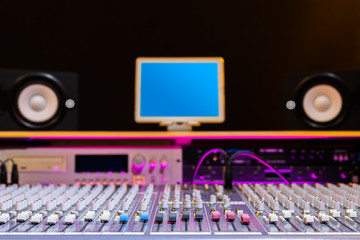 audio mixing console, monitor and professional equipment in recording broadcasting studio. music...
