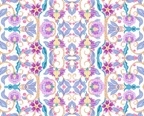 Seamless pattern with stylized ornamental flowers in retro, vintage style. Jacobean embroidery. Colored vector illustration In pink, blue, ultraviolet colors. Isolated on white background.