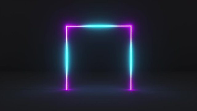 3D abstract neon light stripes lines with reflection on dark background. 4k seamles loop animation.