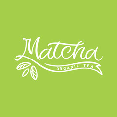 Hand drawn lettering logo. The inscription: Matcha organic tea. Perfect design for greeting cards, posters, T-shirts, banners, print invitations.