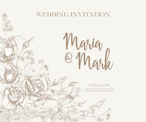 Wedding invitation with roses and spring flowers. Graphic drawing, engraving style. Vector illustration. In vintage beige color.