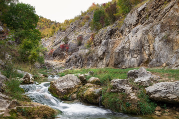 Low angle, long exposure shot of curvy mountain creek cascading through the rocky canyon and colorful, sunlit, autumn colored trees