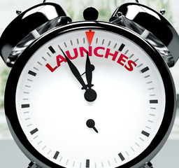 Launches soon, almost there, in short time - a clock symbolizes a reminder that Launches is near, will happen and finish quickly in a little while, 3d illustration