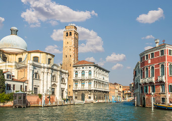 Naklejka premium Venice Grand Canal with colorful facades of old medieval houses , Italy. Venice is a popular tourist destination of Europe.