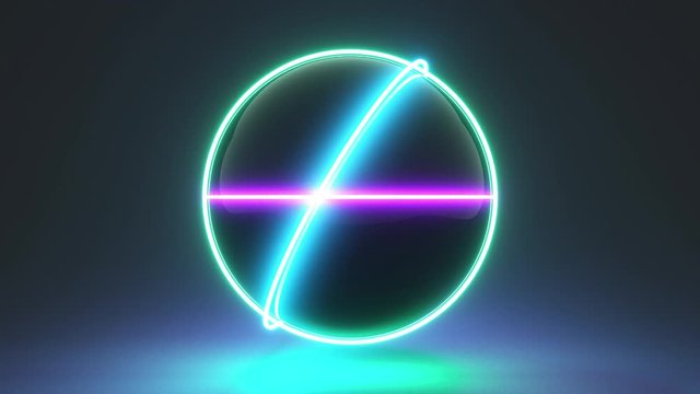 Neon line circles rotating around black sphere with reflection. 4K 3D render animation footage. Seamless loop.