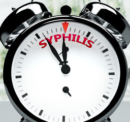 Syphilis soon, almost there, in short time - a clock symbolizes a reminder that Syphilis is near, will happen and finish quickly in a little while, 3d illustration
