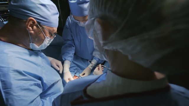 Zoom in shot of mature male surgeon and his assistant operating on patient as nurse giving instruments