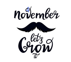 Prostate cancer awareness month. Mustache. Let's Grow it hand drawn lettering. Blue november. Men's health concept. Ribbon.
