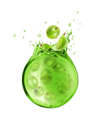 Slices gooseberries are sinking in splashes of juice, isolated on white background