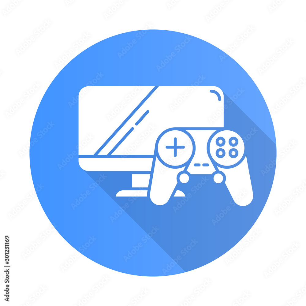 Poster Video games and consoles blue flat design long shadow glyph icon. Game controller, computer monitor screen. Modern entertainment. E commerce department. Vector silhouette illustration