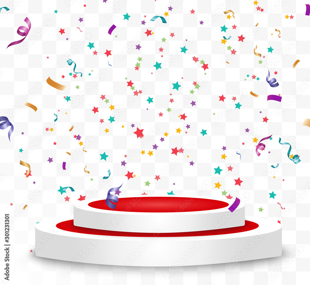 Poster Lots of colorful tiny confetti and ribbons on transparent background. Festive event and party. Multicolor background. Colorful bright confetti isolated on the podium.