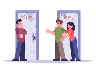 Team in quest room flat vector illustration. Woman and men choosing door isolated cartoon character on white background. Difficult decision, choice. People in escape room. Logic game