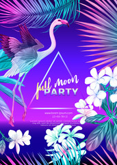 ..Retro Futurism. Vector futuristic synth wave illustration. Rave party Flyer design template, background with tropical plants in 1980s style. 80s Retro poster, retrowave