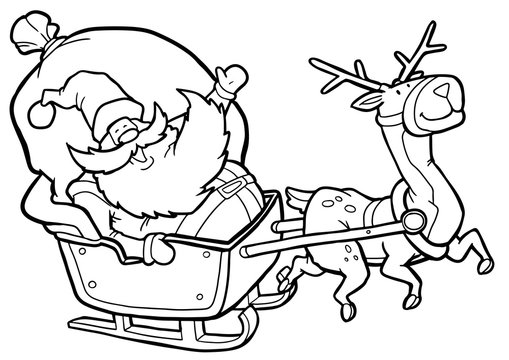 Black And White Coloring Page Outline Of A Reindeer Flying Santa's Sleigh