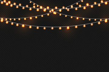 Christmas golden lights isolated on dark background. Christmas luminous garland. Vector illustration