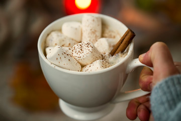 Girl hand holding hot chocolate with marshmallows