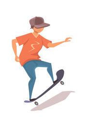 Fototapeta premium Teenager on skateboard flat vector illustration. Young smiling skateboarder, skater in summer clothes cartoon character. Skateboarding hobby, extreme leisure. Outdoor recreation, active pastime.