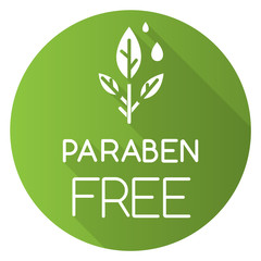 Paraben free green flat design long shadow glyph icon. Organic, non-toxic, non-chemical pharmaceutics. Natural hypoallergen cosmetics. Product free ingredient. Vector silhouette illustration