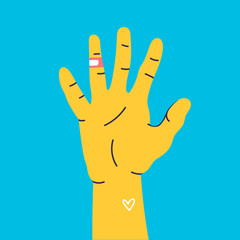 Number five. Hand gesture symbol. Hand with finger count. Counting by bending fingers. Hand drawn colored trendy vector illustration. Cartoon style. Flat design.