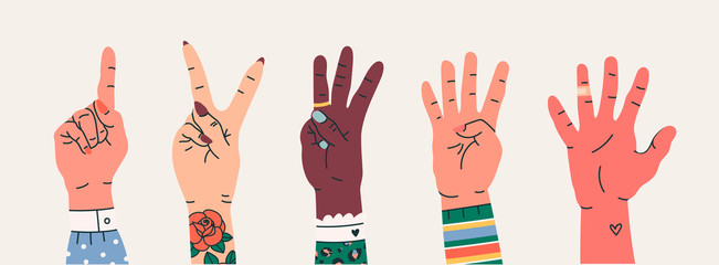 Set of Hand gesture symbols. Various hand icons with finger count. Counting by bending fingers. Hand drawn colored trendy vector illustration. Cartoon style. Flat design. All elements are Isolated  - obrazy, fototapety, plakaty