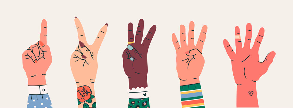 Set of Hand gesture symbols. Various hand icons with finger count. Counting by bending fingers. Hand drawn colored trendy vector illustration. Cartoon style. Flat design. All elements are Isolated 