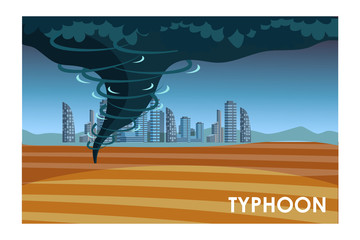 Typhoon on cityscape background flat illustration