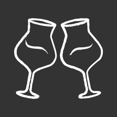 Two clinking glasses of wine chalk icon. Glassfuls of alcohol beverage. Wine service. Celebration, party. Wedding. Degustation. Toast. Cheers. Isolated Isolated vector chalkboard illustration