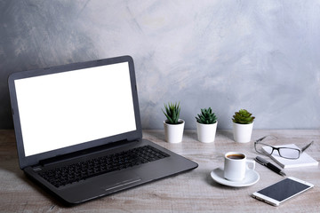  Laptop with blank screen for graphic display montage .Computer on wooden gray desk in office room. Mock up with plastic  plant
