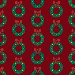 Christmas wreath seamless pattern. Festive wreath with ribbon on red background