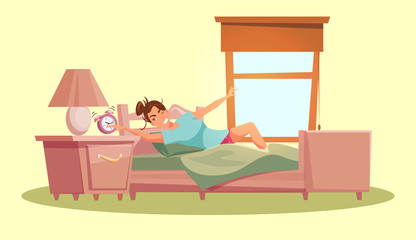 Obraz premium Girl waking up flat vector illustration. Young caucasian person in bedroom cartoon character. Woman getting up in morning, stretching and yawning. Everyday routine, awakening. Room in daylight.