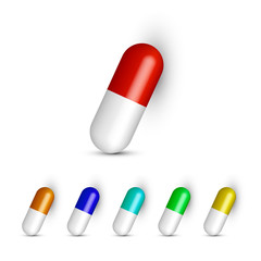 Set of vector realistic pills and capsules isolated on white background. Medicines, tablets, capsules, drug of painkillers, antibiotics, vitamins. Healthcare medical and vector illustration.