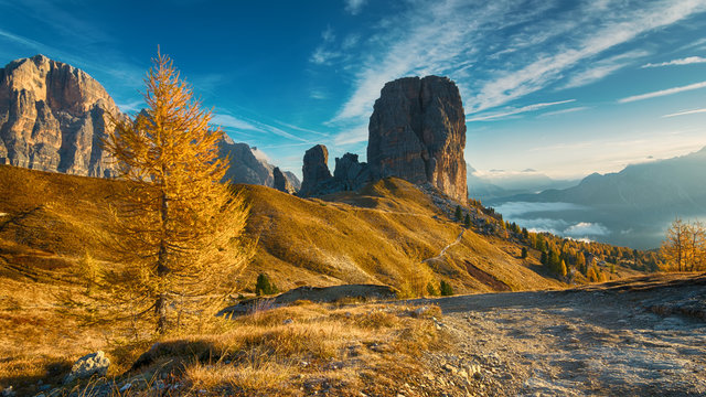 Landscape of beautiful autumn picturesque Cinque torri mountains