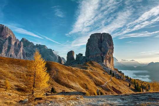 Landscape of beautiful autumn picturesque Cinque torri mountains