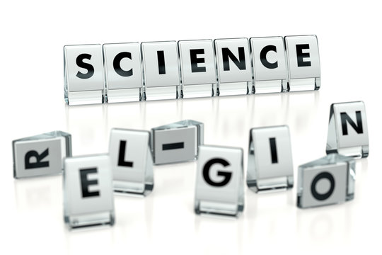 SCIENCE word written on glossy blocks and fallen over blurry blocks with RELIGION letters, isolated on white background. Choosing science over religion - concept. 3D rendering