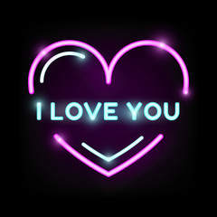 Glowing neon heart. Vector illustration I LOVE YOU on a dark background. Happy Valentine's Day greeting card.