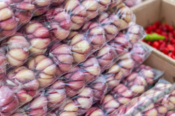 Garlic plastic bags at the street market
