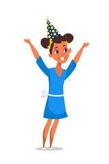 Happy little girl in cute dress and festive cap