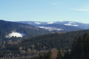  View from mountain Grosser Osser in National park  Bavarian forest, Germany. Winter landscape.