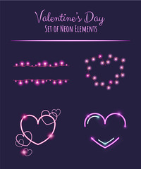 Set of neon elements and garlands for Valentine's Day and wedding. Vector illustration with glowing objects for poster, card, flyer and banner design.