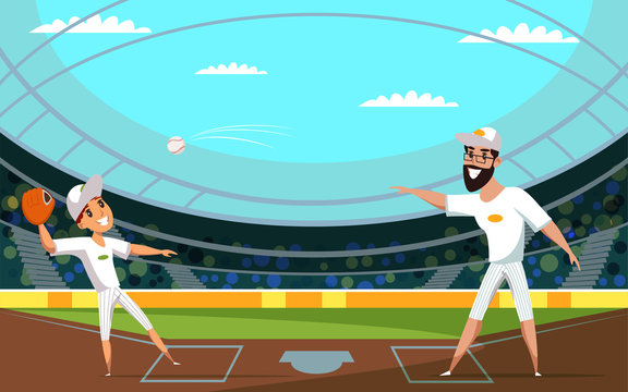 Man and boy throwing ball flat vector illustration