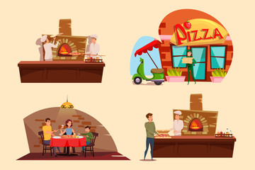 Pizza restaurant flat vector illustrations set