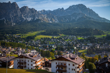 Fototapeta na wymiar A view of Cortina d'Ampezzo from an hill above the city, Dolomites, Veneto, Italy