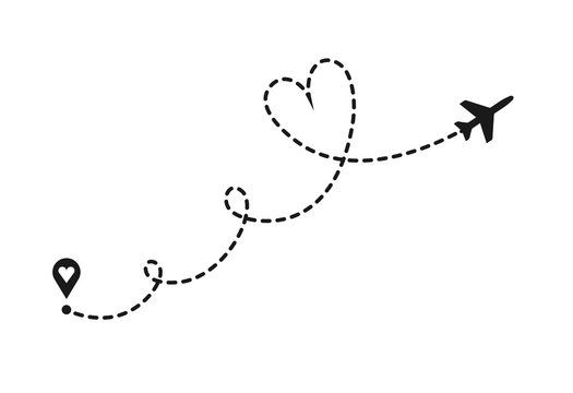 Vector love airplane route. Air plane flight route with start point and dash line trace. Romantic travel, heart dashed path isolated on transparent background.