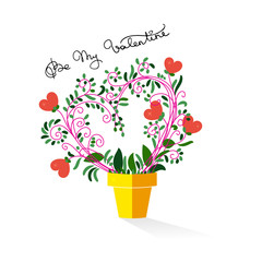 Love plant in a flower pot. Vector illustration of greeting card isolated on white background. For Valentine's Day with lettering Be My Valentine.