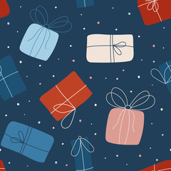 Seamless vector pattern with gifts. Seamless childish pattern for cards, wrapping papers, posters. Creative hand drawn pattern for holidays and parties © simpleblues