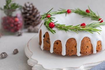 Traditional homemade Christmas fruit cake on the concrete background
